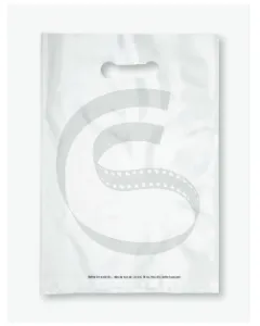 White plastic bag with a large grey monogram