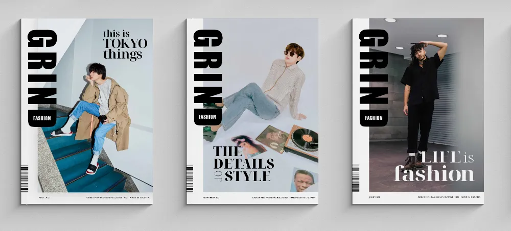 Three GRIND magazine covers on a grey background, each with a large vertical black masthead