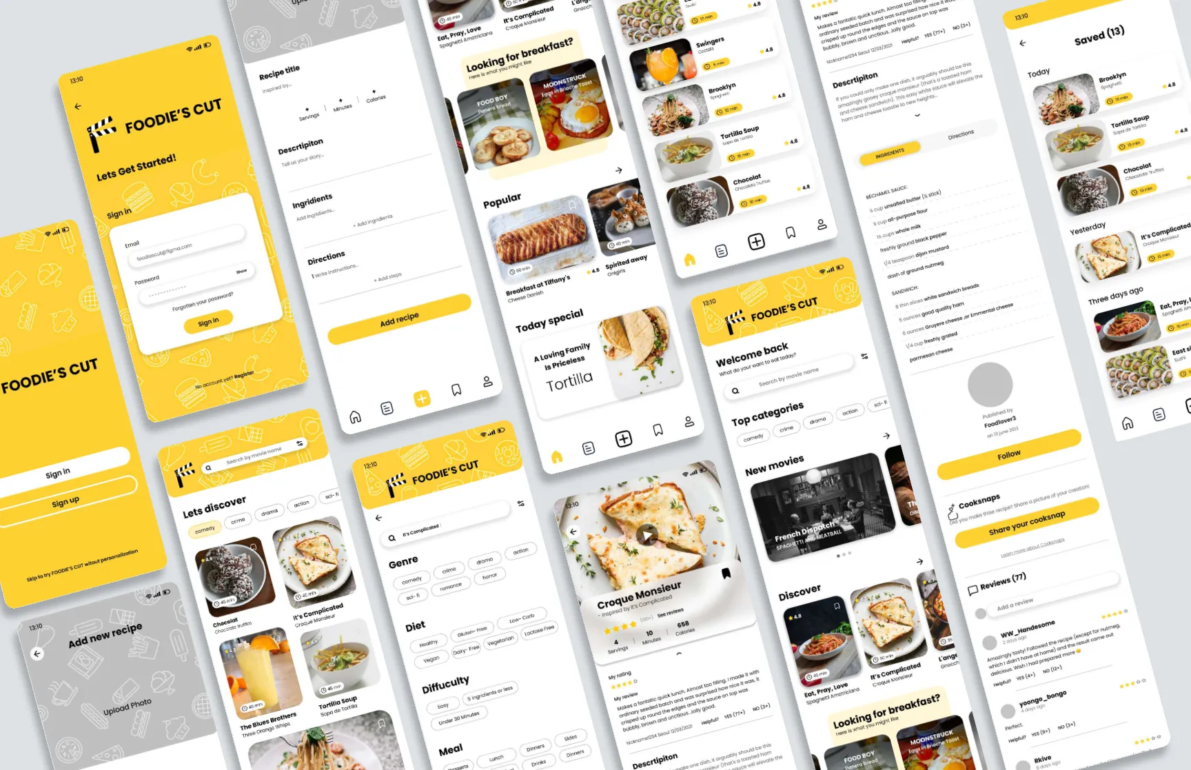Many phone screens of the Foodie’s Cut app fanned out, in yellow, white and grey