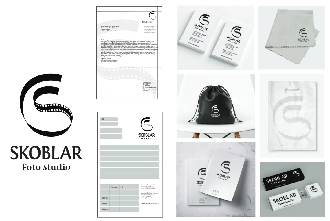 Overview of the Skoblar Foto Studio identity: film strip monogram, letterhead, invoice, business cards and branded merchandise