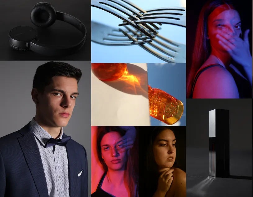 Grid of studio photographs: headphones, forks, portraits in red and blue light, a perfume bottle