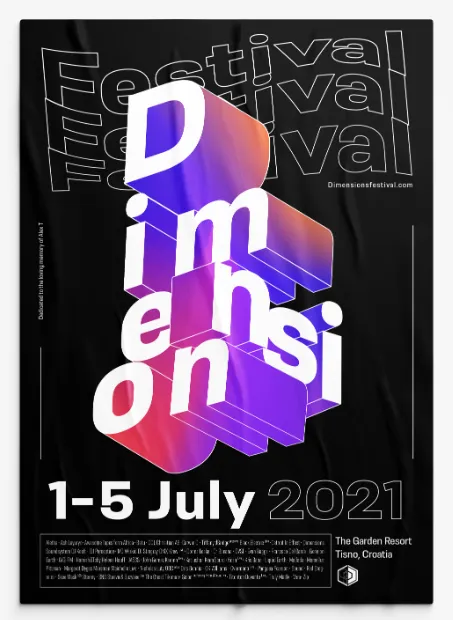 Black poster with the word Dimension in white extruded letters filled with purple and orange gradients, dates 1 to 5 July 2021