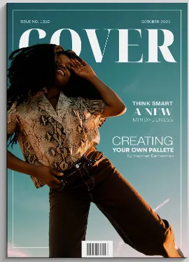 Cover: model in a snakeskin shirt against a teal sky