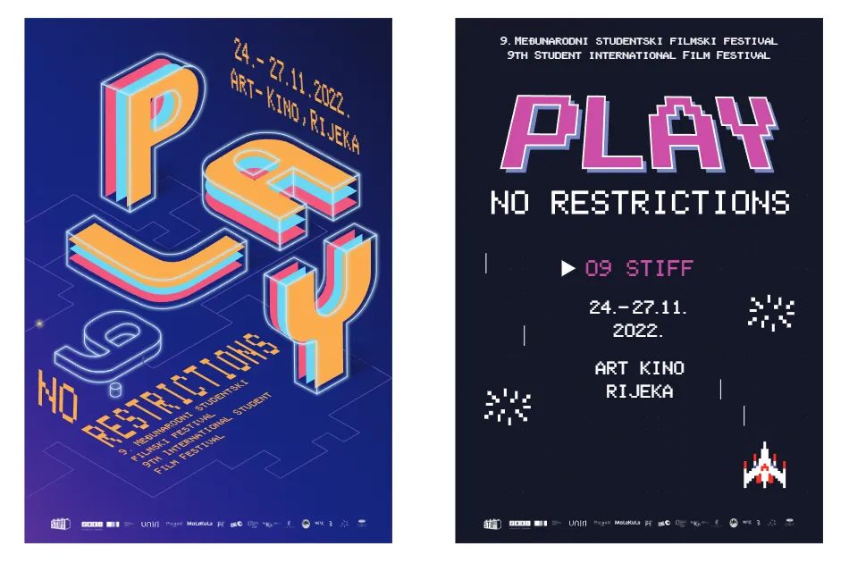 The two poster variants side by side: isometric letters on blue, and pixel typography on near black