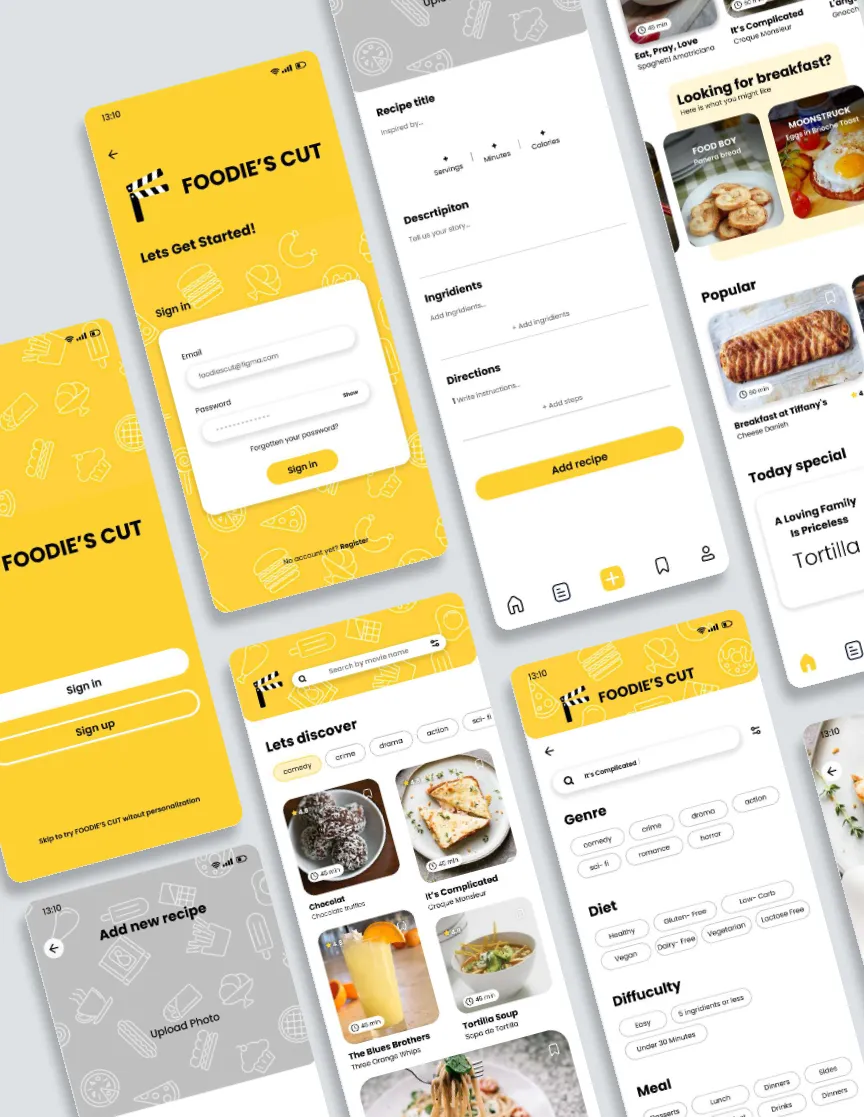 Sign in, add recipe and discovery screens