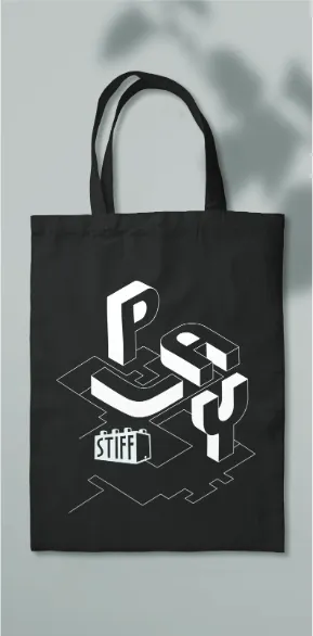 Black tote bag with the isometric PLAY letters in white