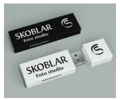 Branded USB stick and box in black and white